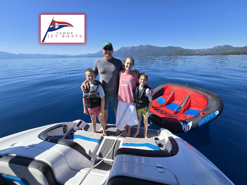 Family enjoying safe waketubing North Lake Tahoe with no propeller boat